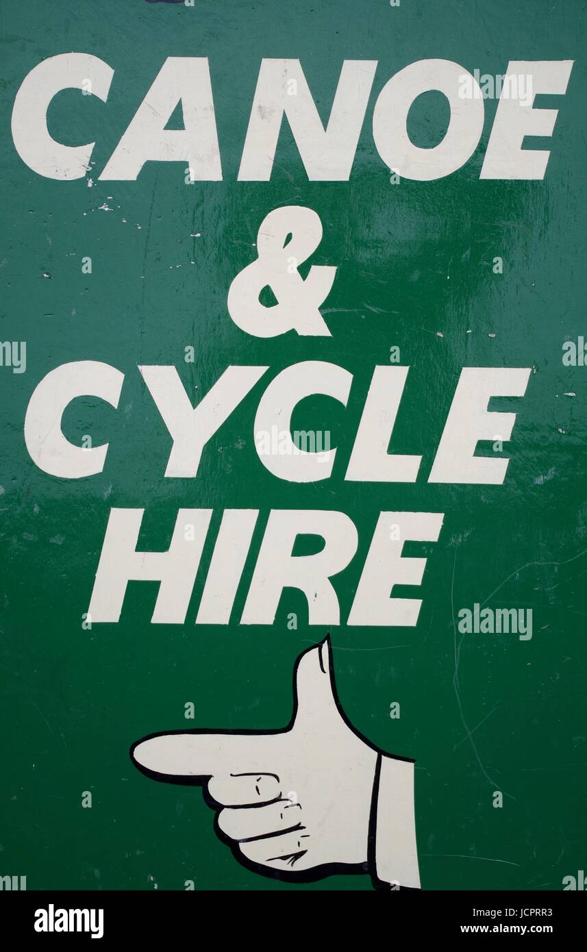 Canoe and Cycle Hire Sign with Old Fashioned Hand Drawing Pointing the