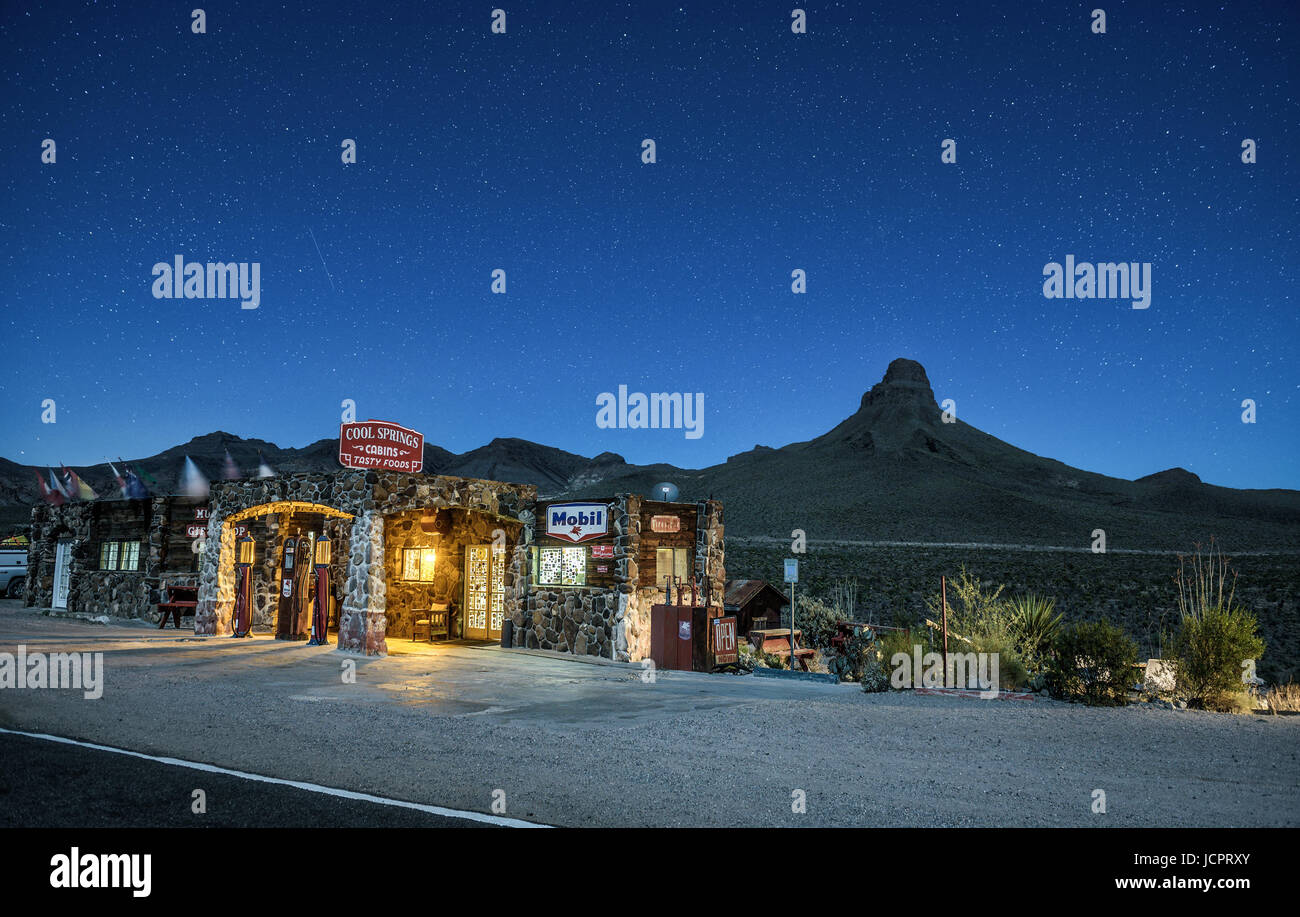COOL SPRINGS, ARIZONA, USA - MAY 19, 2016 : Night sky with many stars above rebuilt Cool Springs station in the Mojave desert on historic route 66 in  Stock Photo
