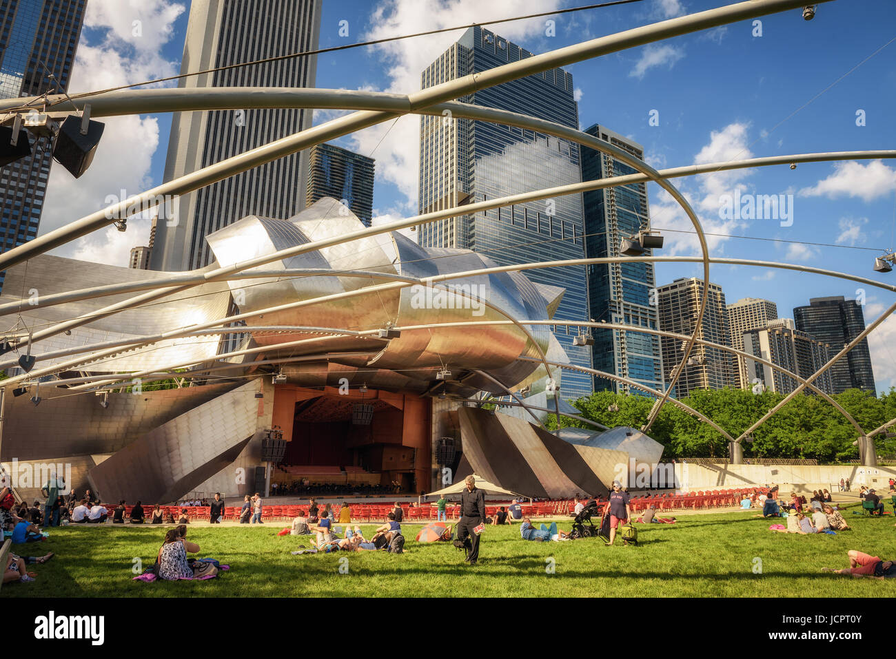 CHICAGO, ILLINOIS, USA - MAY 30, 2016 : Jay Pritzker Pavilion in Millennium Park in Chicago.  It is the home of the Grant Park Symphony Orchestra and  Stock Photo