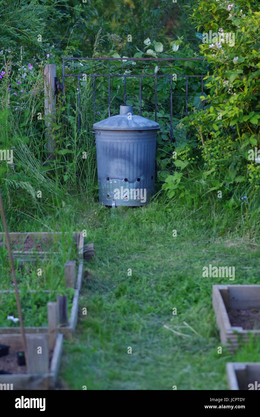 Galvanised Fire Bin, Allotment Garden. Exeter, Devon, UK. June, 2017