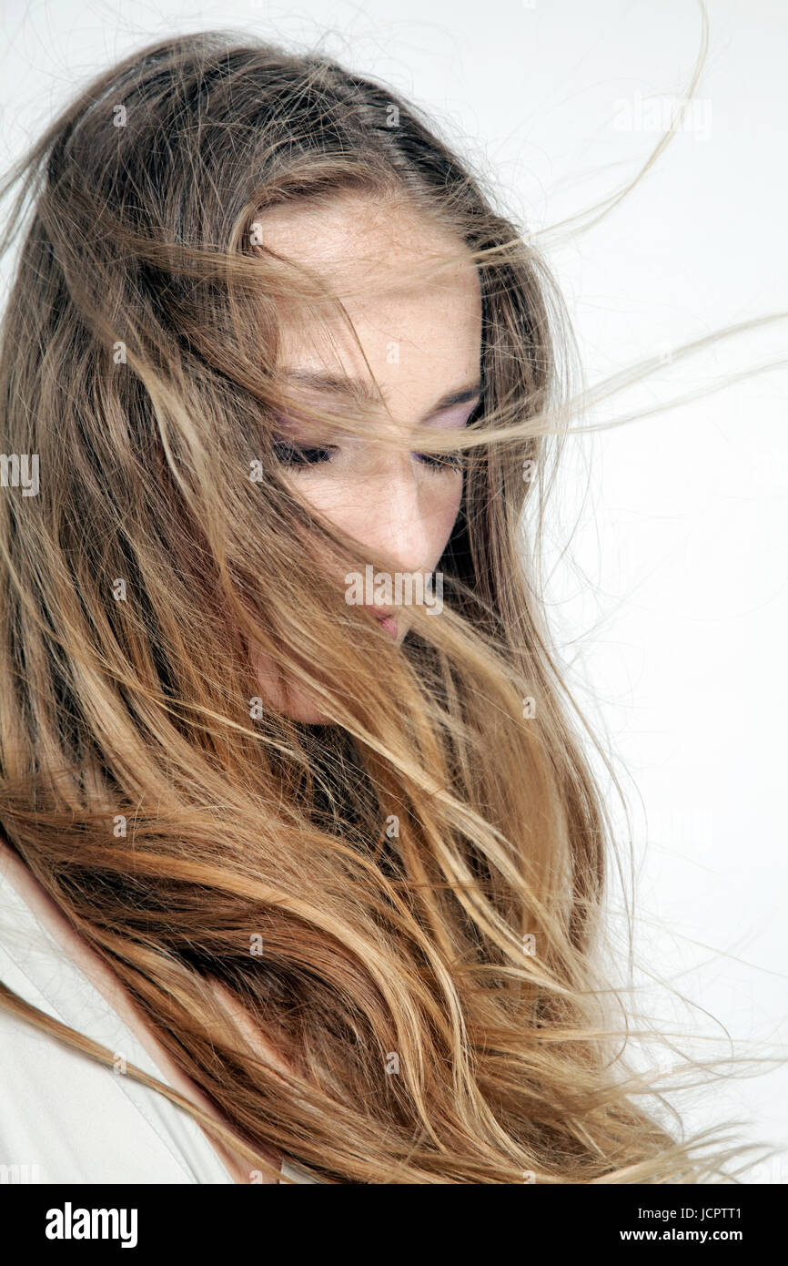 Blond Woman Windswept Hair Stock Photo