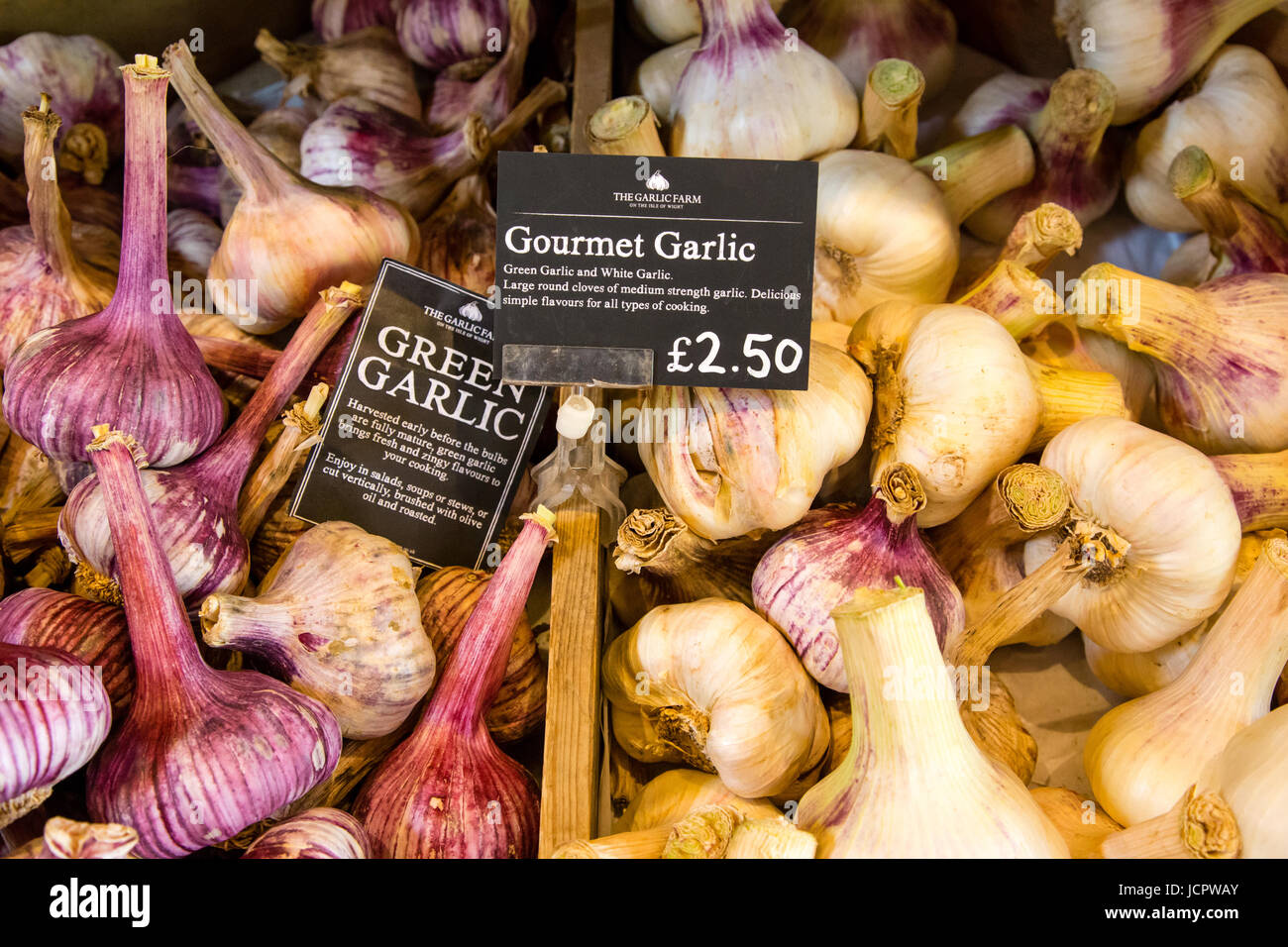 Garlic bulbs for sale at the Garlic Farm on the Isle of Wight, England