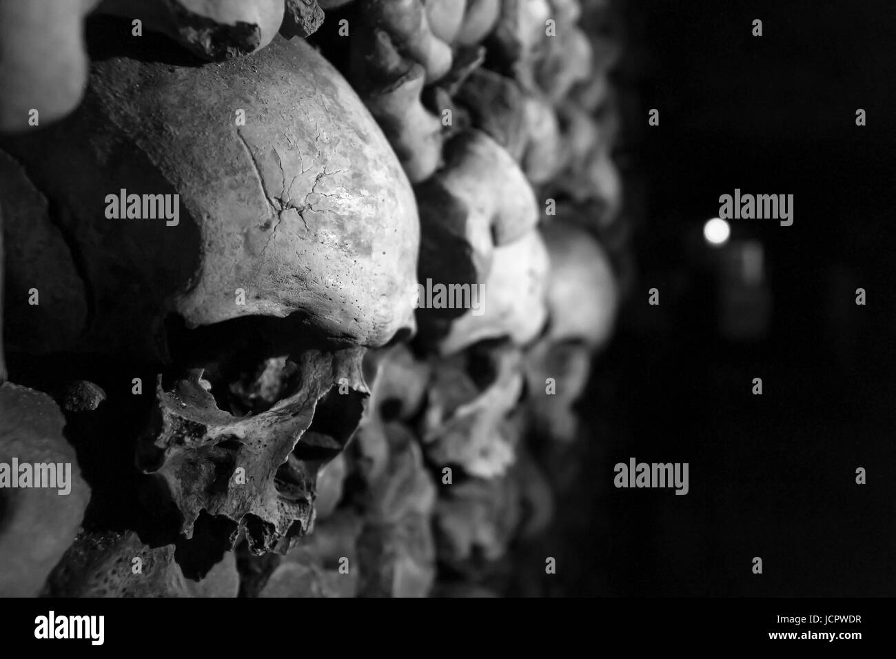Skulls in Paris Catacombs. Stock Photo