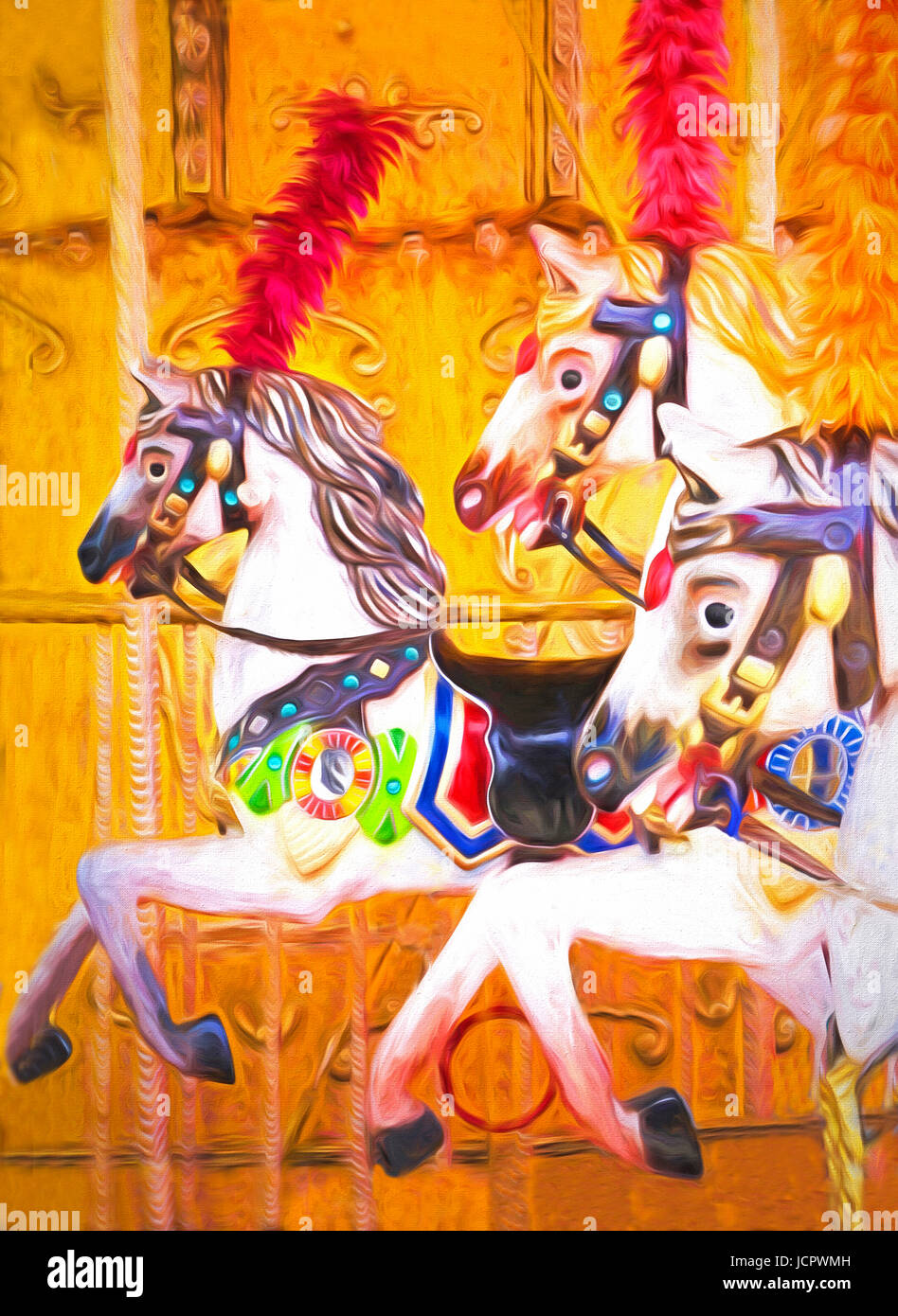 Carousel horses at amusement park. --Photo art painting Stock Photo - Alamy