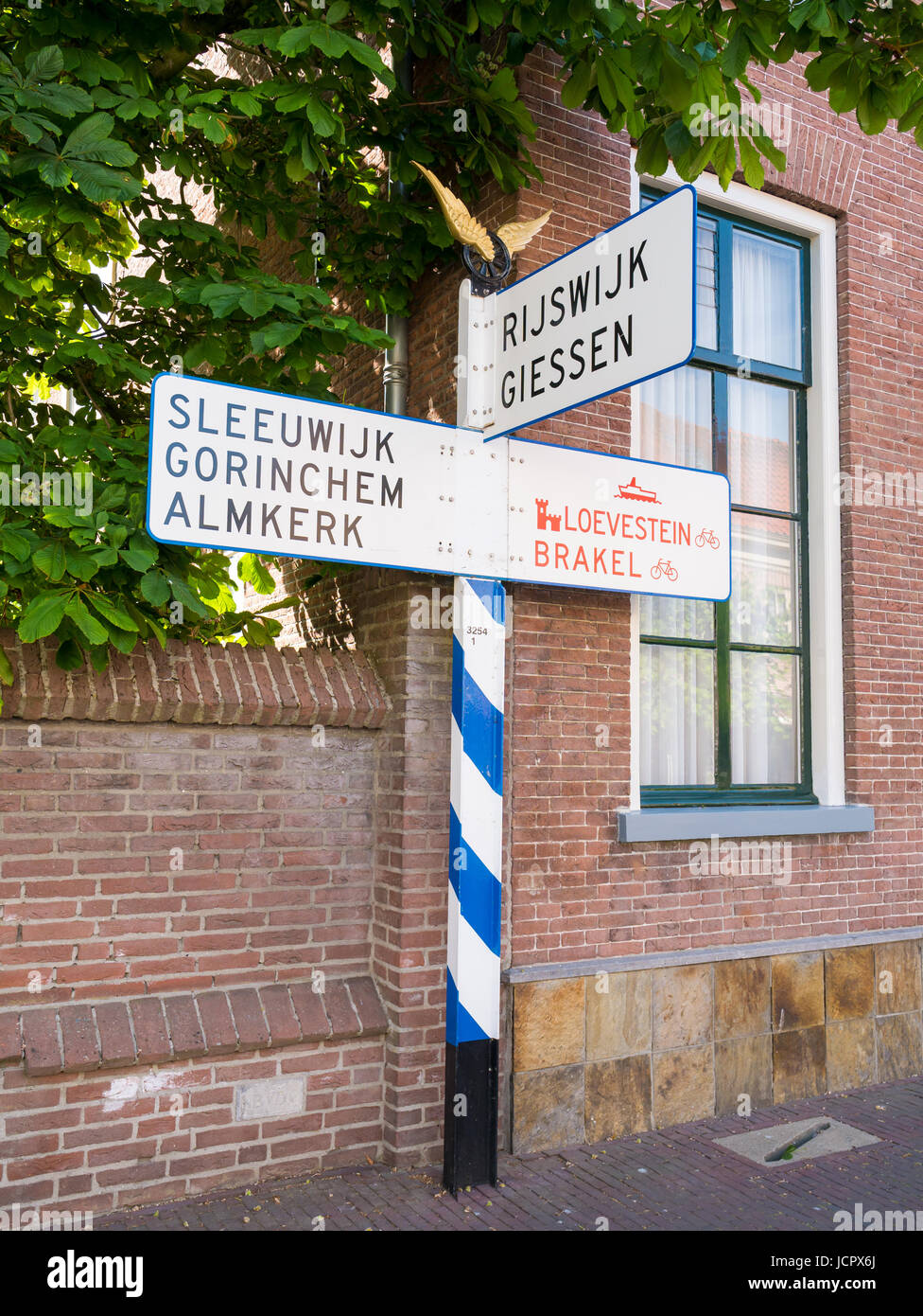 Nostalgic ANWB signpost or road sign in old town of fortified city Woudrichem, Noord-Brabant, Netherlands Stock Photo
