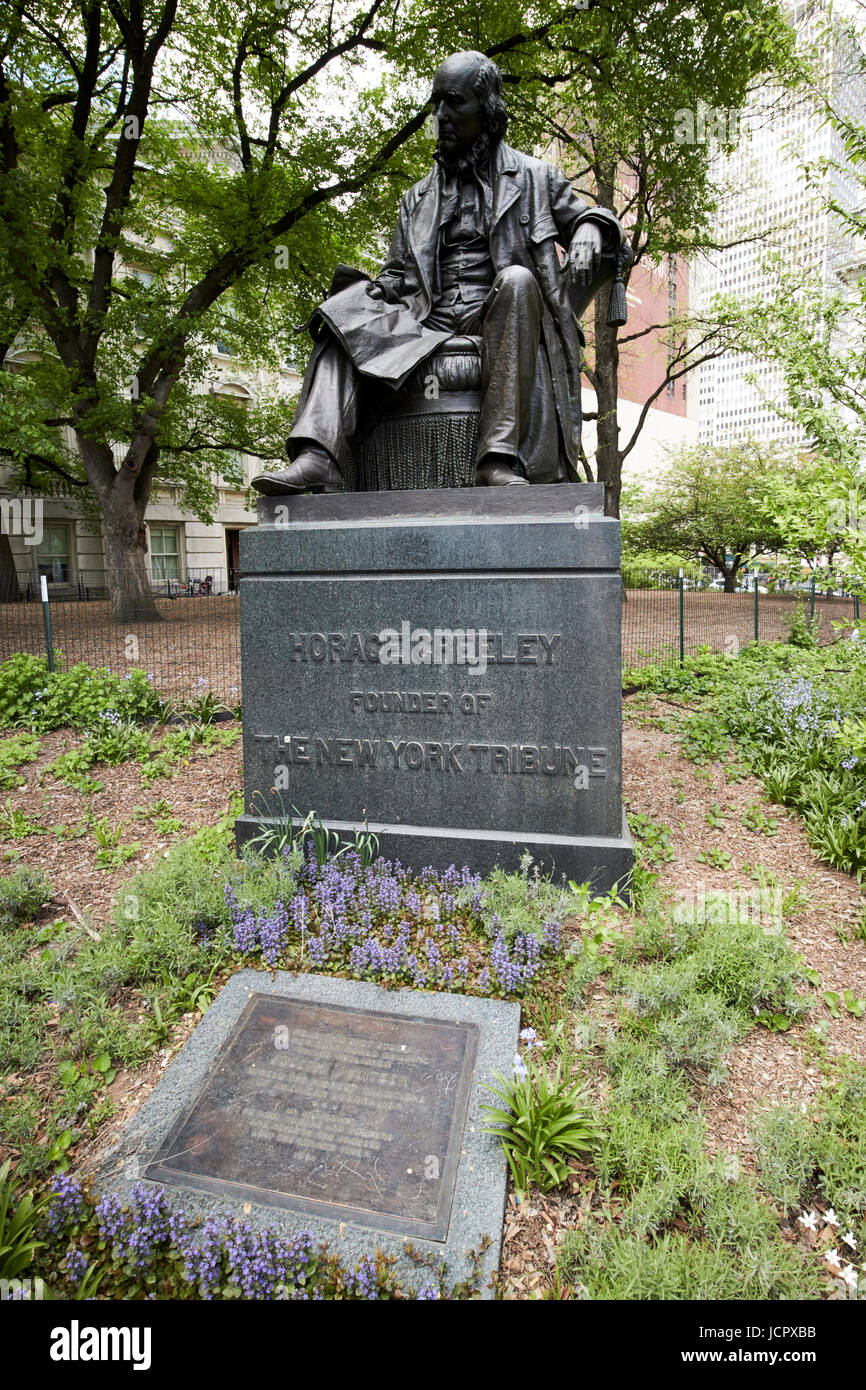 horace greeley founder of the new york tribune monument and joseph pulitzer tablet in city hall park civic center New York City USA Stock Photo