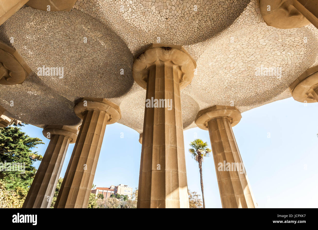 Low angle view of the ceiling and columns At Parc Güell, Barcelona, Spain. Stock Photo