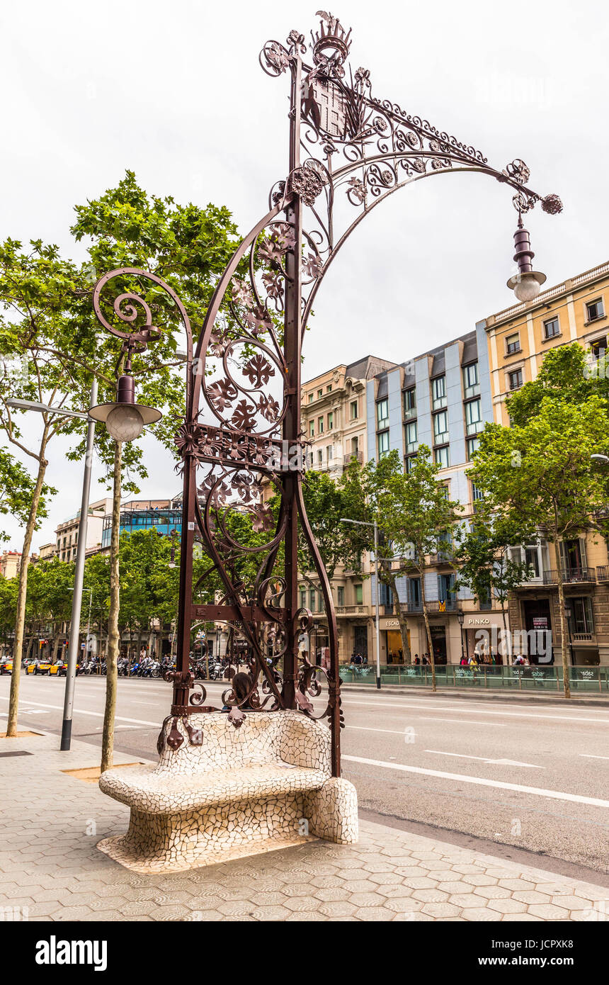 Art Noveau style street lamp post, Passeig de Gracia, Barcelona, Spain. Stock Photo