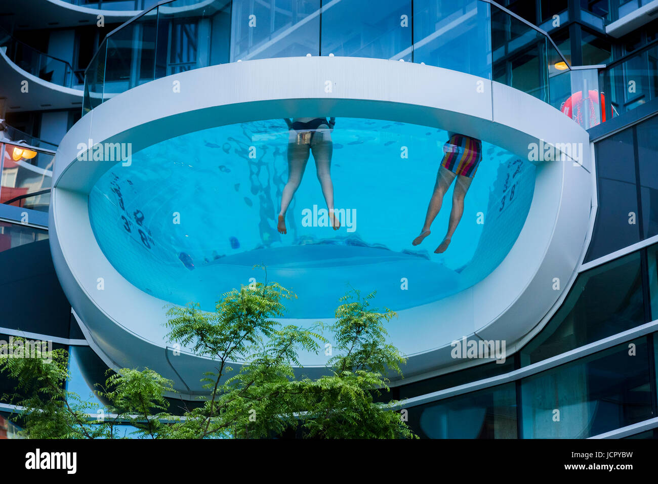 Glass bottomed, see through swimming pool, Yaletown, Vancouver, British Columbia, Canada. Stock Photo