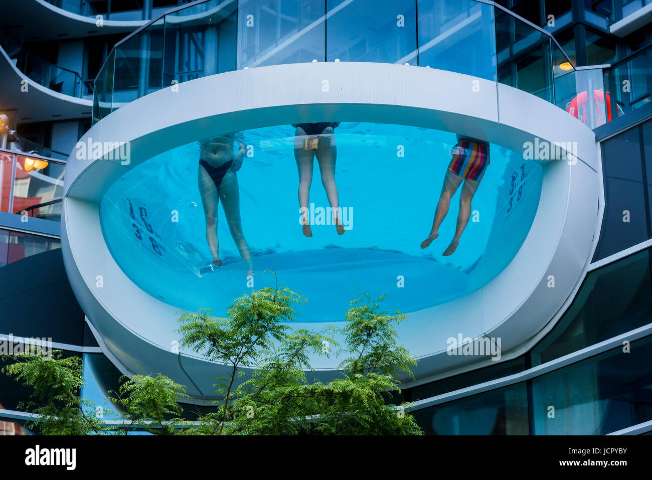 Glass bottomed, see through swimming pool, Yaletown, Vancouver, British Columbia, Canada. Stock Photo