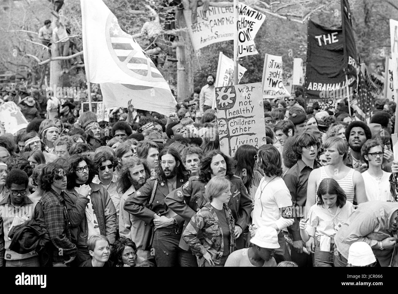 Antiwar protestors on the U.S. Capitol grounds and the Mall during Mayday demonstrations on April 23, 1971 as Lt. John Kerry prepares to speak. Stock Photo