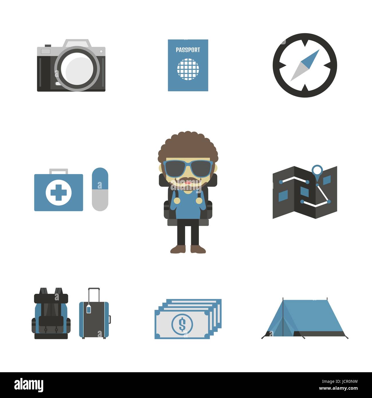 set of backpacker's equipment, isolated on white background Stock