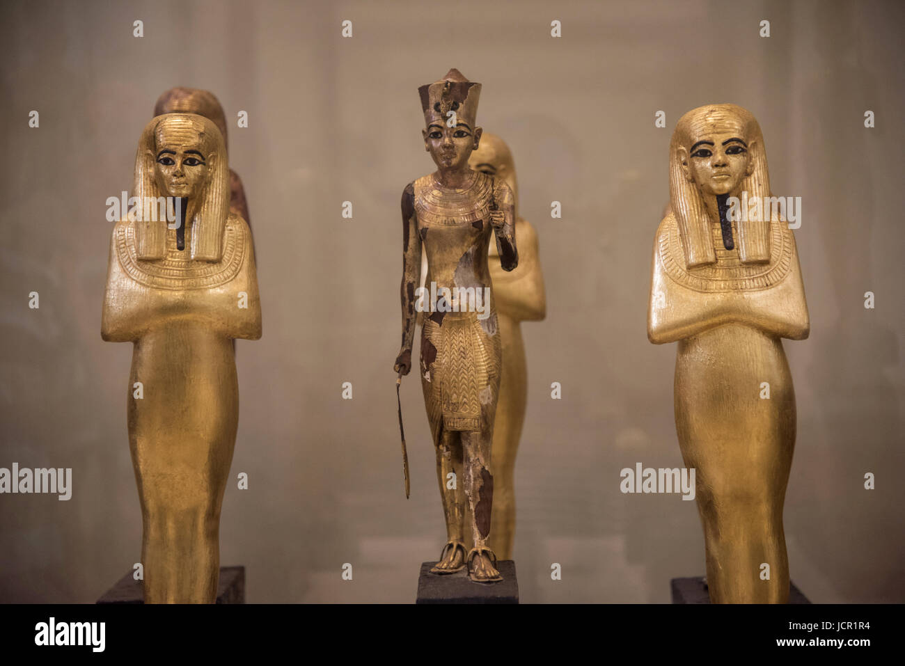 Golden idols of Egyptian Kings, Displayed at the Museum of Egyptian Antiquities, known commonly as the Egyptian Museum or Museum of Cairo, is home to  Stock Photo