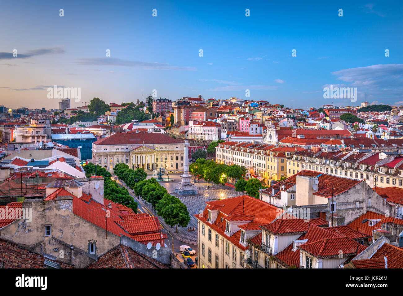 Lisbon, Portugal Pombaline district skyline over Rossio Square. Stock Photo