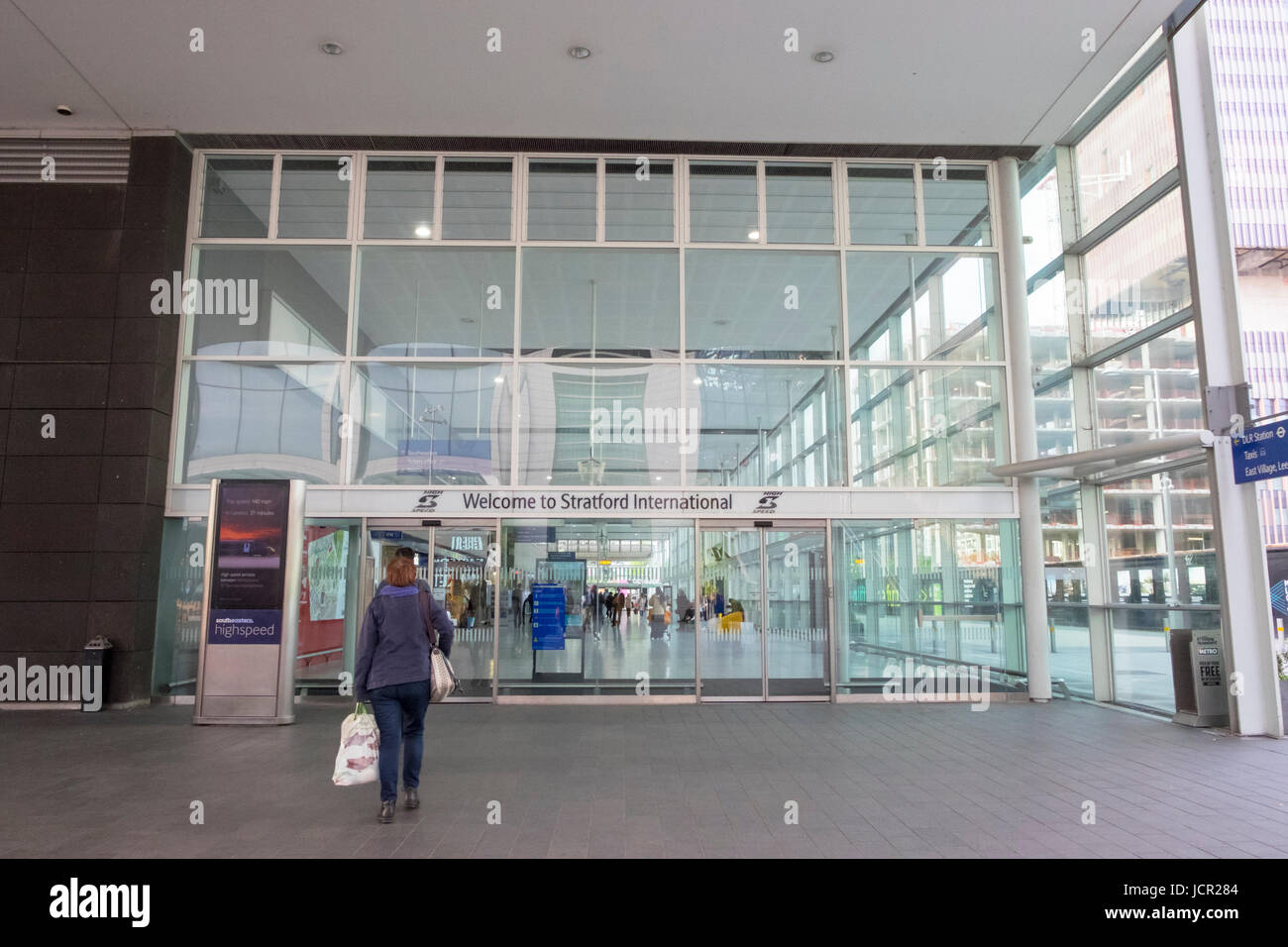 Entrance to Stratford International train station with southeastern high speed links commuters