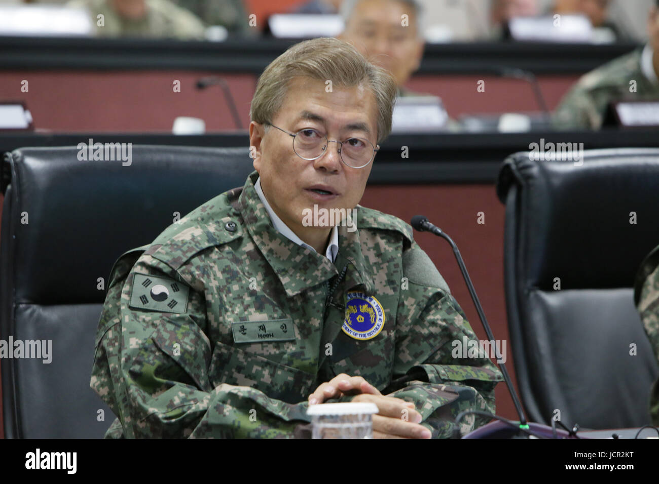 South Korean President Moon Jae-in speaks during his first official visit to U.S. Army Garrison Yongsan June 13, 2017 in Seoul, South Korea. Stock Photo