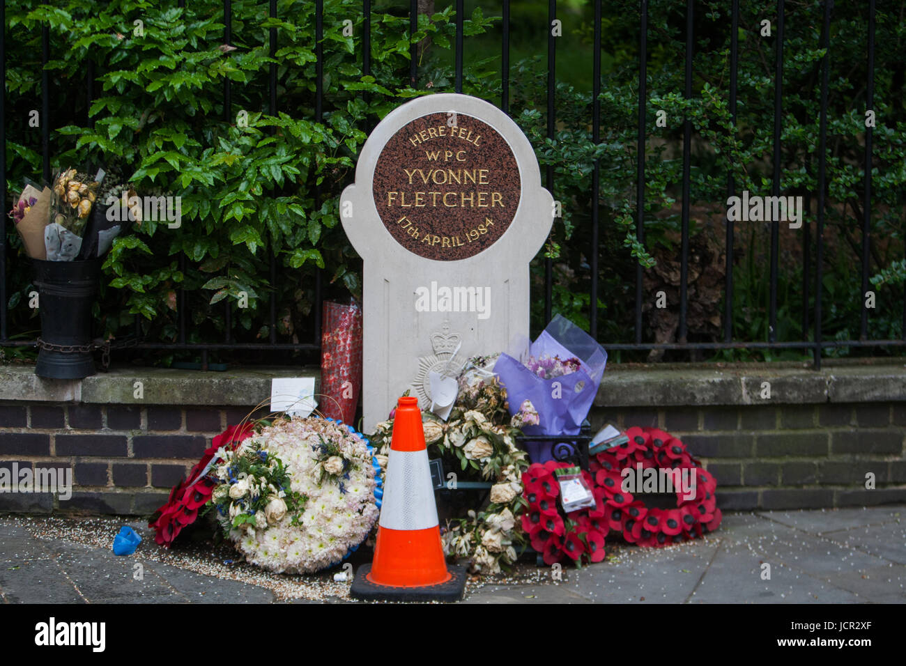 Memorial to WPC Yvonne Fletcher in who's murder inquiry has been dropped over national security fears  Featuring: Atmosphere, View Where: London, United Kingdom When: 17 May 2017 Credit: Wheatley/WENN Stock Photo