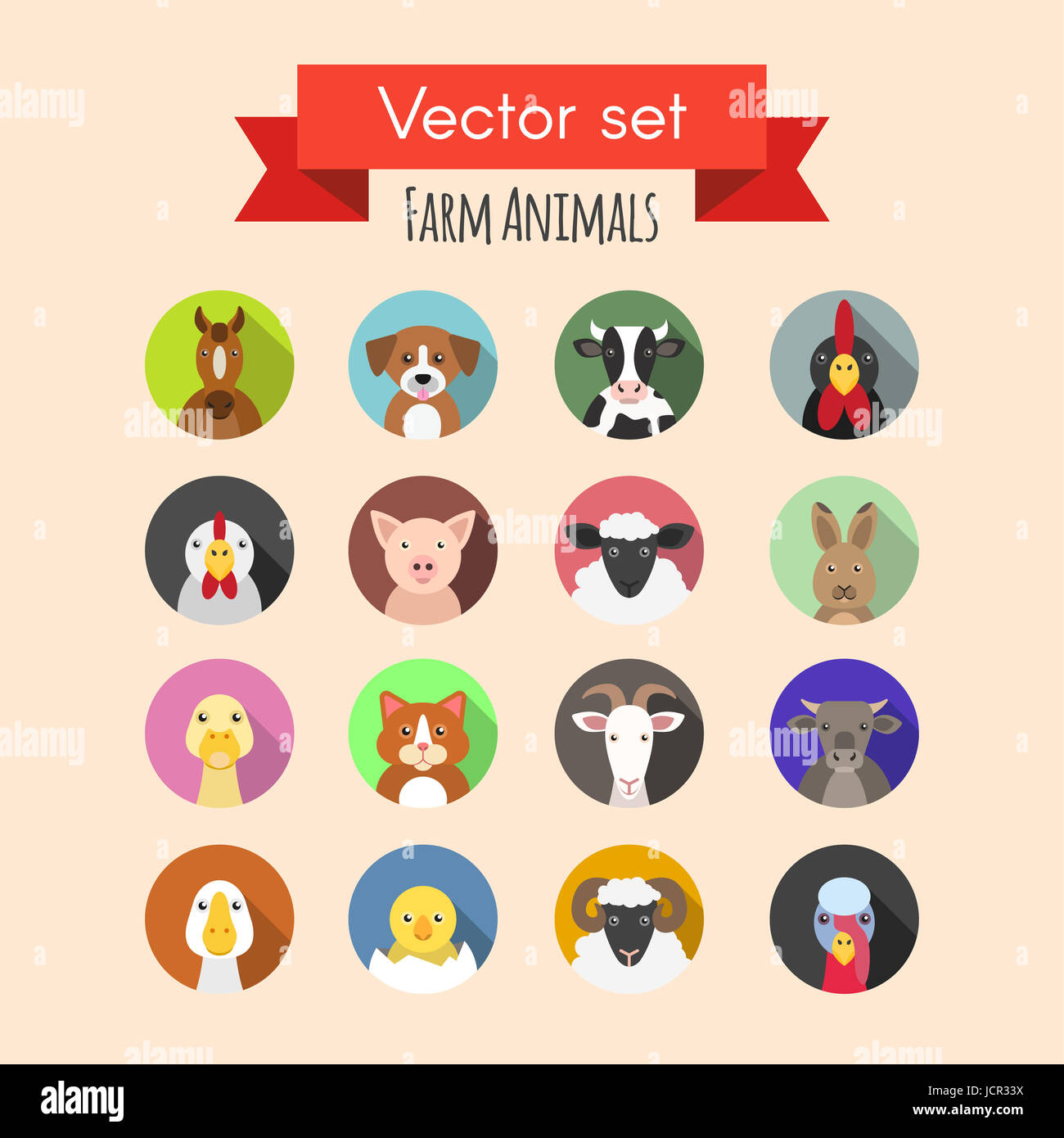 Vector set of farm or domestic funny animals icons Stock Photo