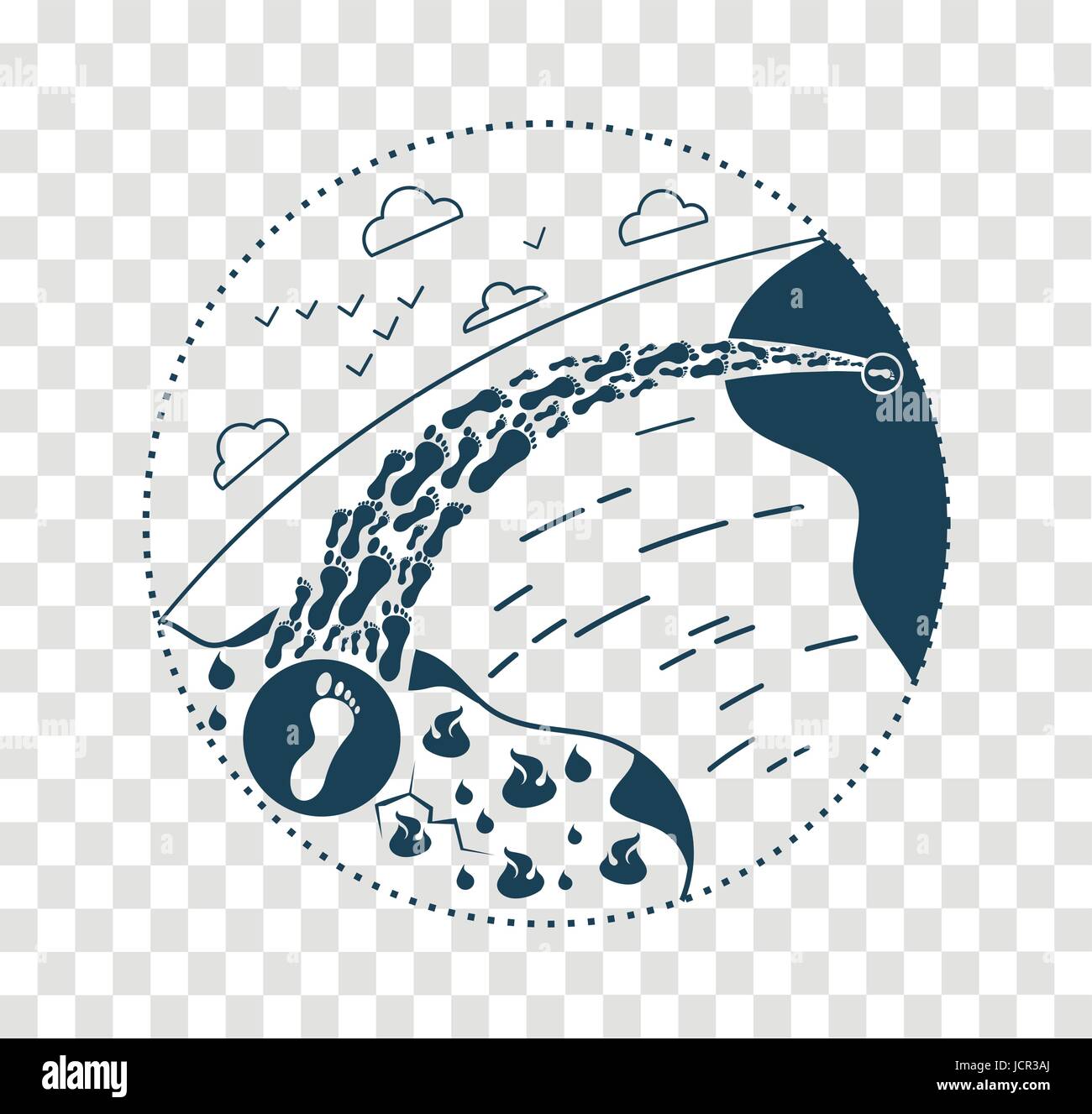 concept salvation from war of the resettlement of refugees in the form of a silhouette of the legs of a сross the sea. Icon refugee  day in the linear Stock Vector