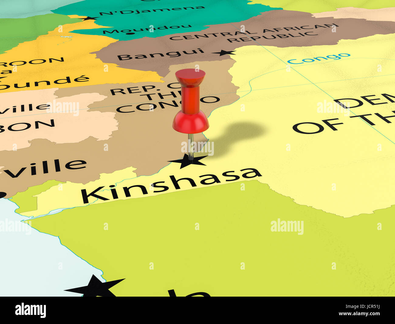 Pushpin on Kinshasa map background. 3d illustration. Stock Photo