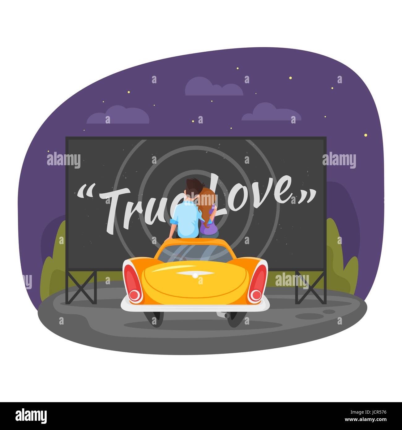 Vector cartoon style illustration of loving couple sitting on the vintage car and watching romantic movie in the parking lot. Isolated on white backgr Stock Vector