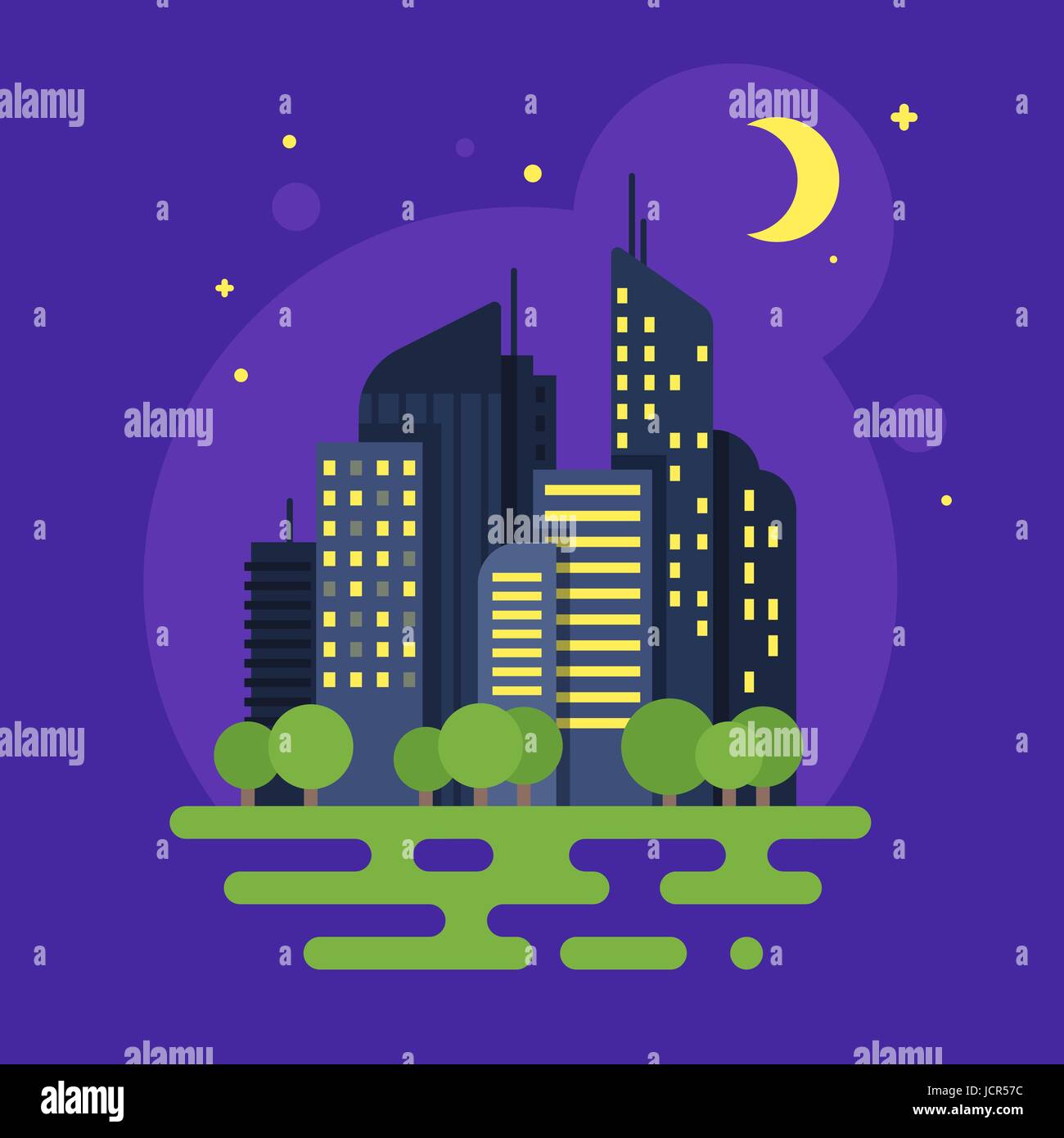 Vector flat style illustration of night city. Moon and buildings ...