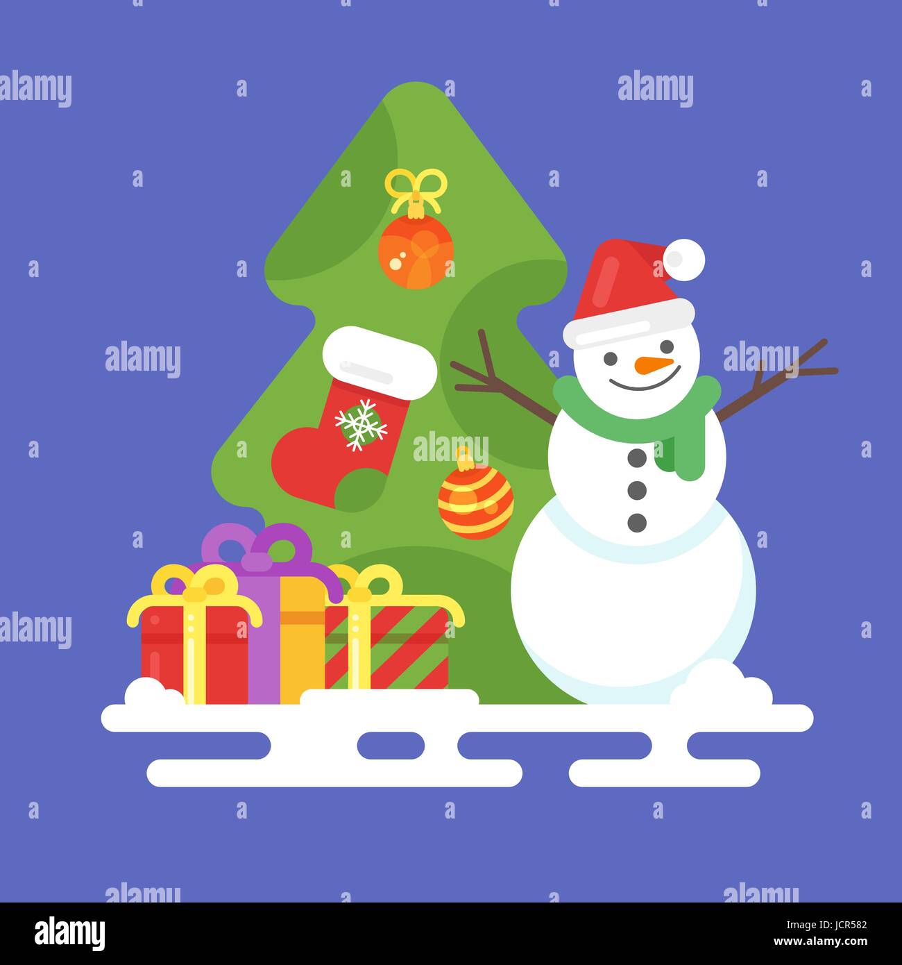 Vector flat style illustration with snowman, presents and Christmas ...