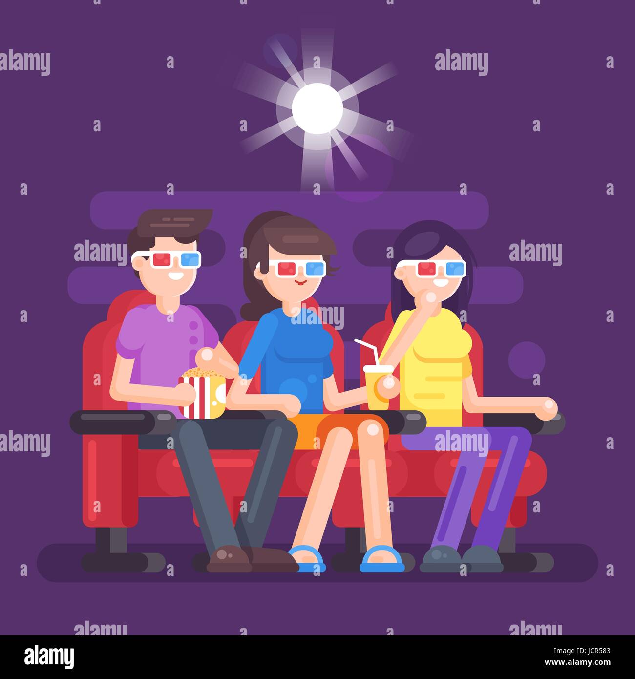 Vector flat style illustration of people watching 3d movie at the cinema. Stock Vector