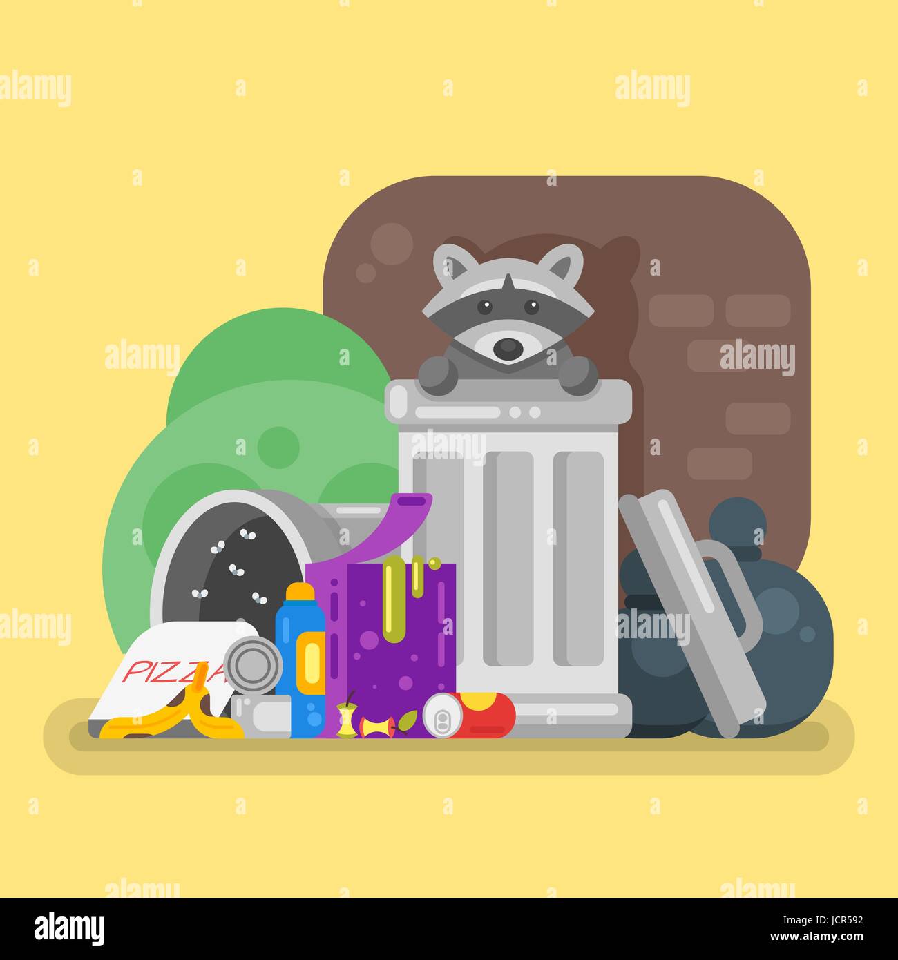Vector flat style illustration of trash with raccoon. Spoiled food. Icon for web. Stock Vector