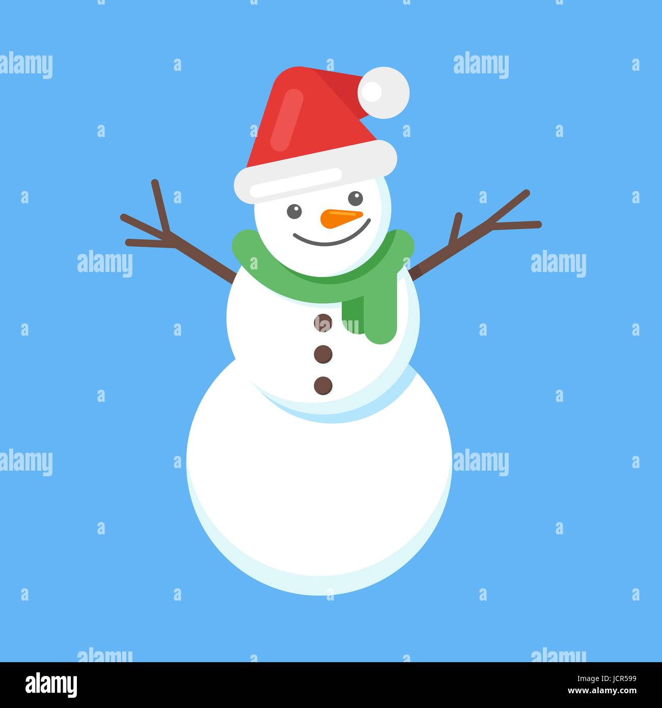 Vector flat style illustration of happy cute snowman in Santa hat and ...