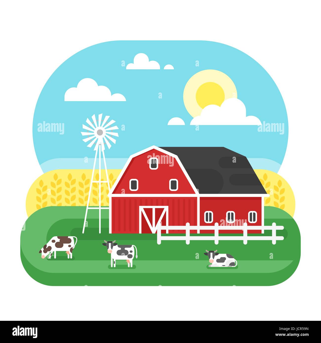 Vector flat style illustration of farm with cows. Isolated on white ...