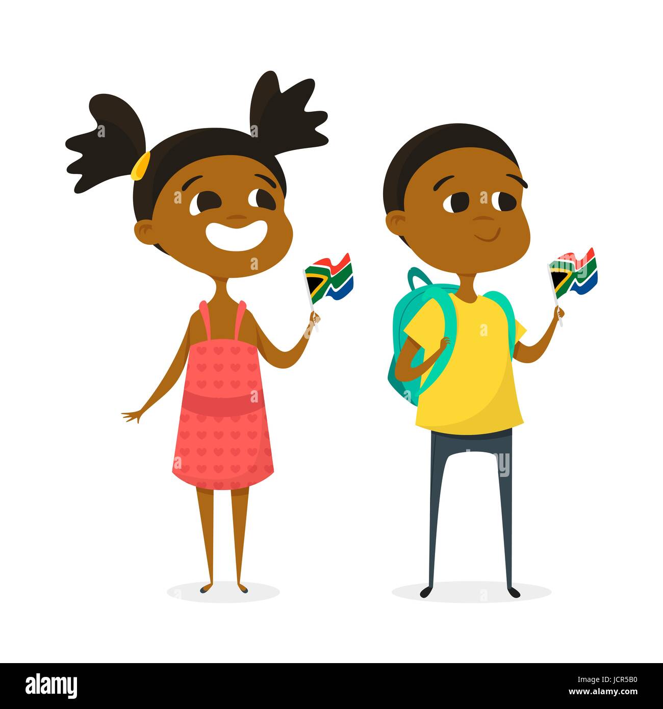 Vector illustration of two cartoon kids with the flags of South Africa ...