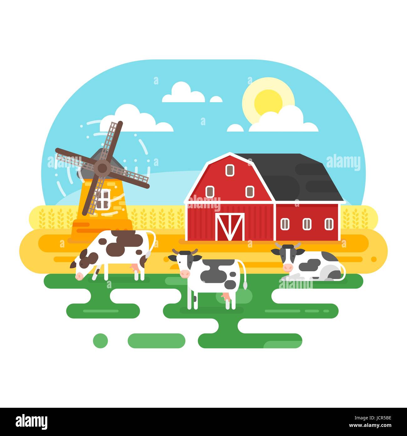 Vector flat style illustration of farm with cows. Isolated on white ...