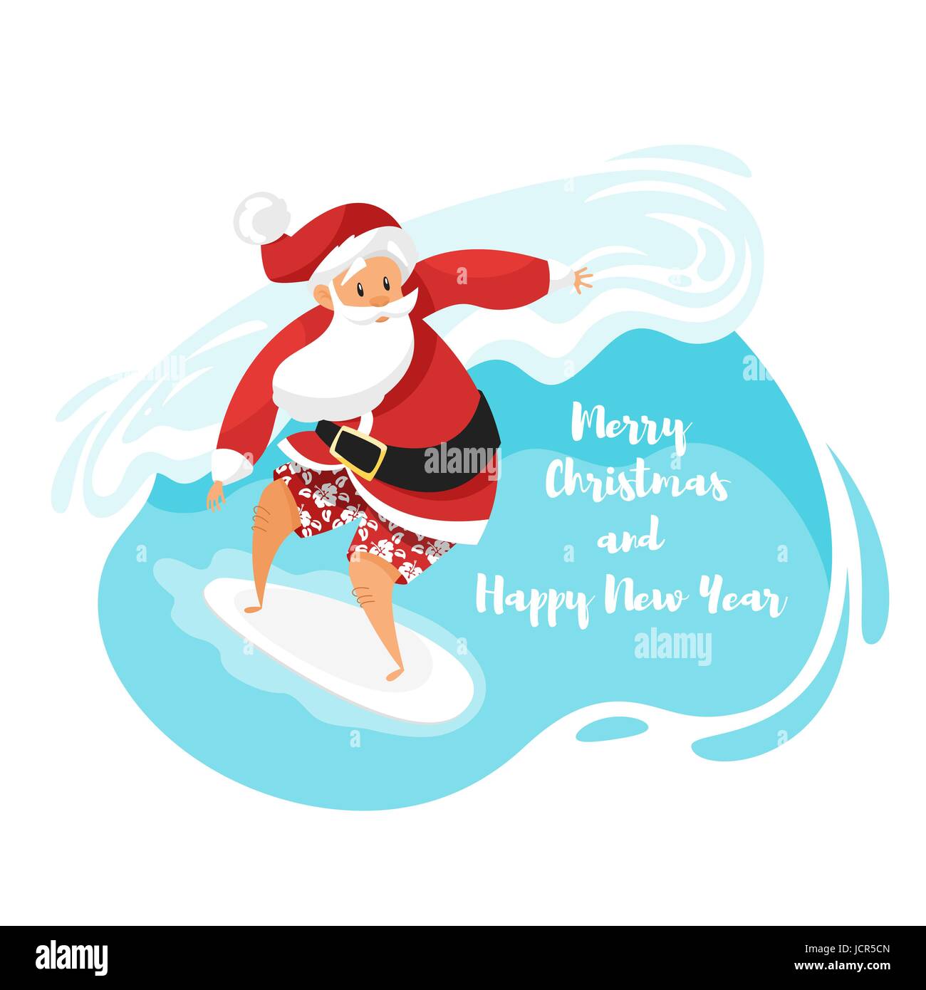 Vector cartoon style illustration of Santa surfer riding the wave. Holiday Christmas and New Year greeting card template. Stock Vector