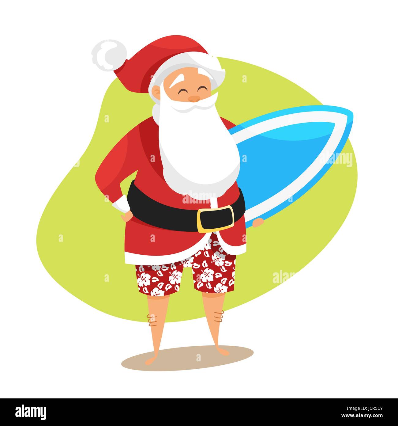 Vector cartoon style illustration of Santa surfer. Holiday greeting card template. Stock Vector
