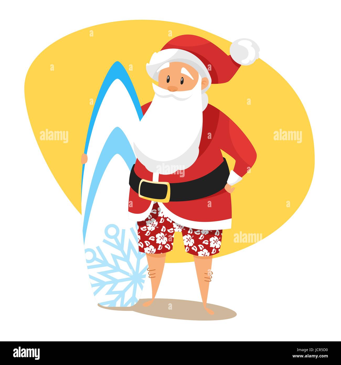 Vector cartoon style illustration of Santa surfer. Holiday greeting card template. Stock Vector