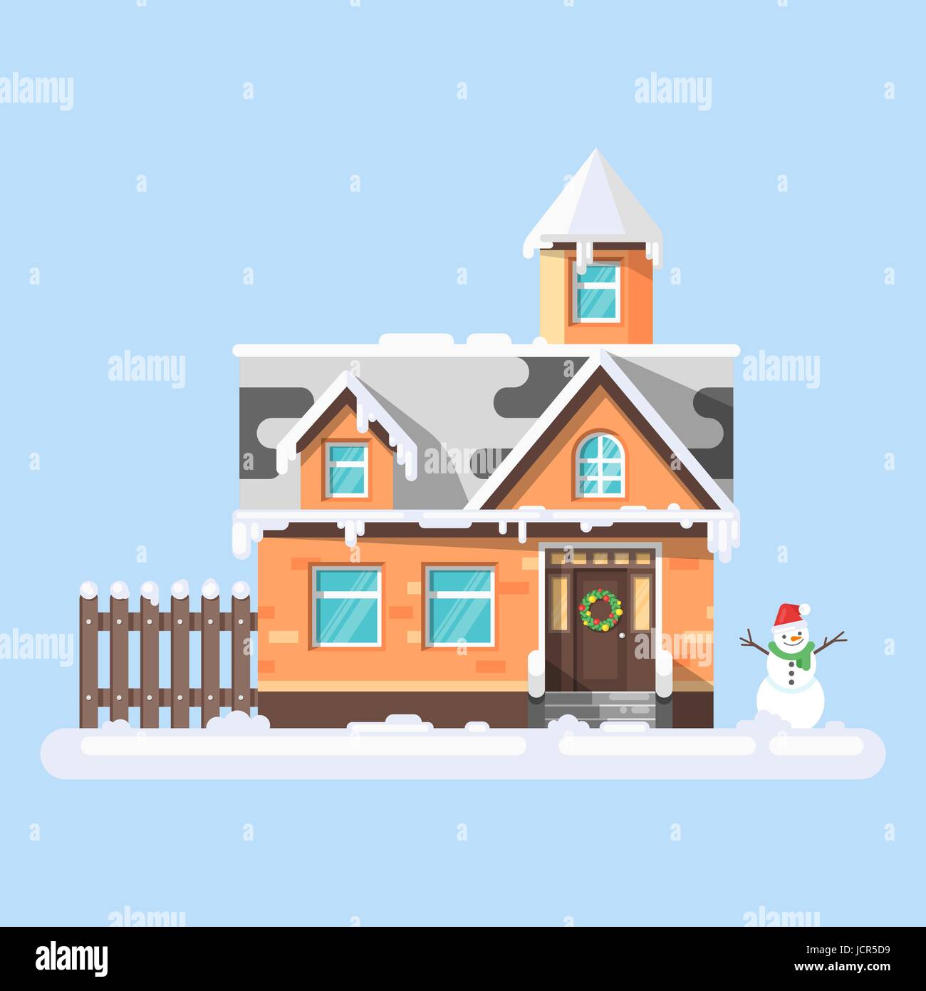 Vector flat style illustration of winter house with snowman. Icon for ...