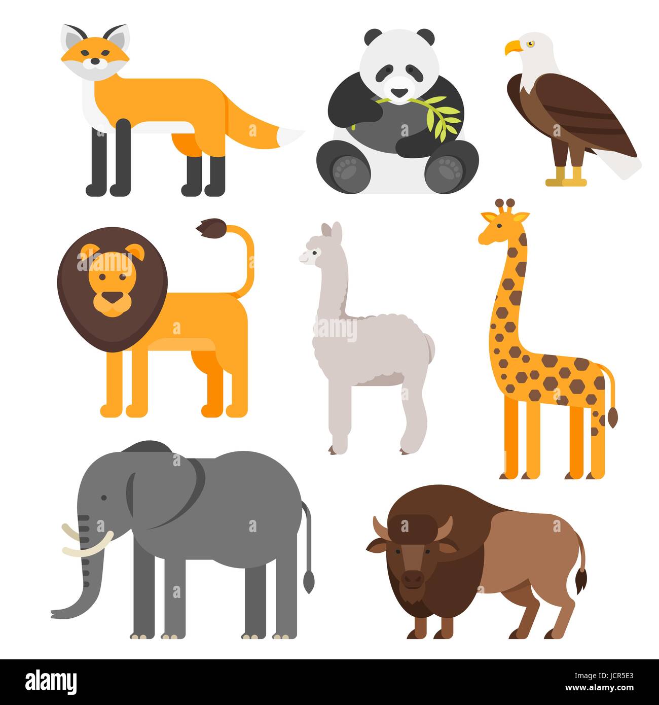 Vector flat style set of animals. Lion, panda, fox, elephant. Icon for web. Isolated on white background. Stock Vector