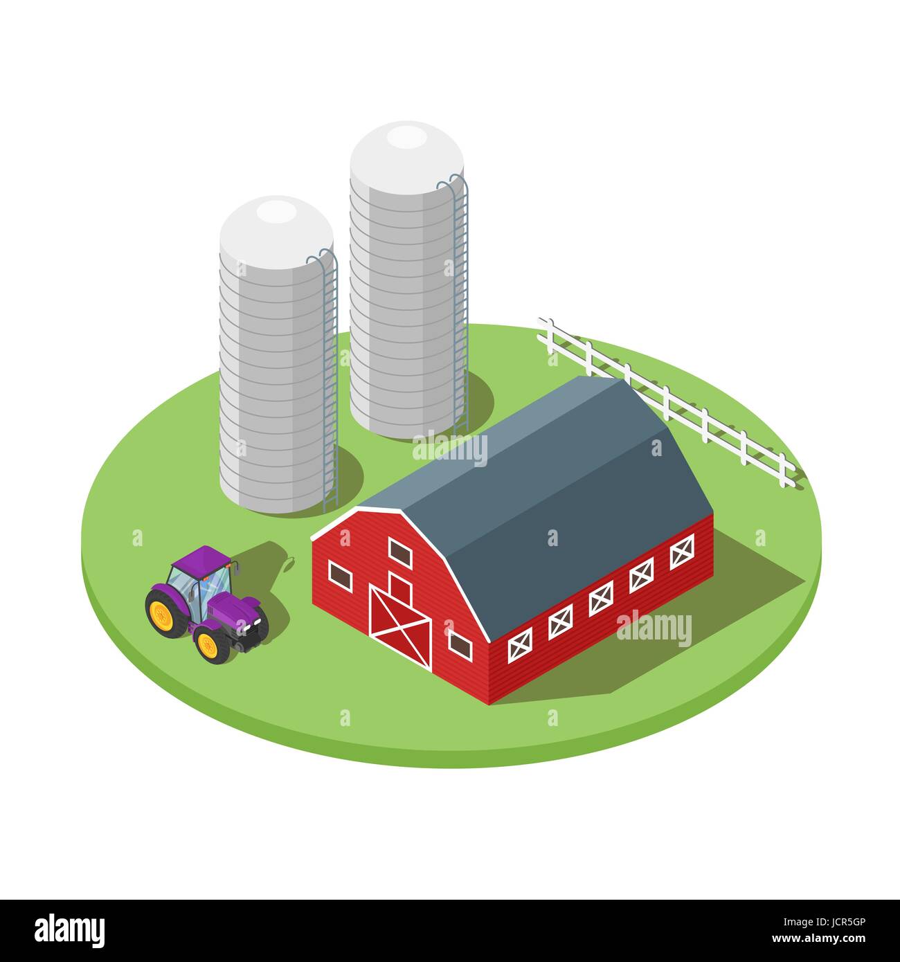 Isometric 3d vector illustration of farm. Tractor and barn. Icon for web. Isolated on white background. Stock Vector