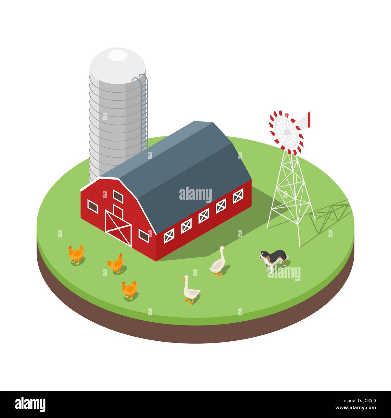 Isometric 3d vector illustration of farm. Animals and barn. Icon for web. Isolated on white background. Stock Vector