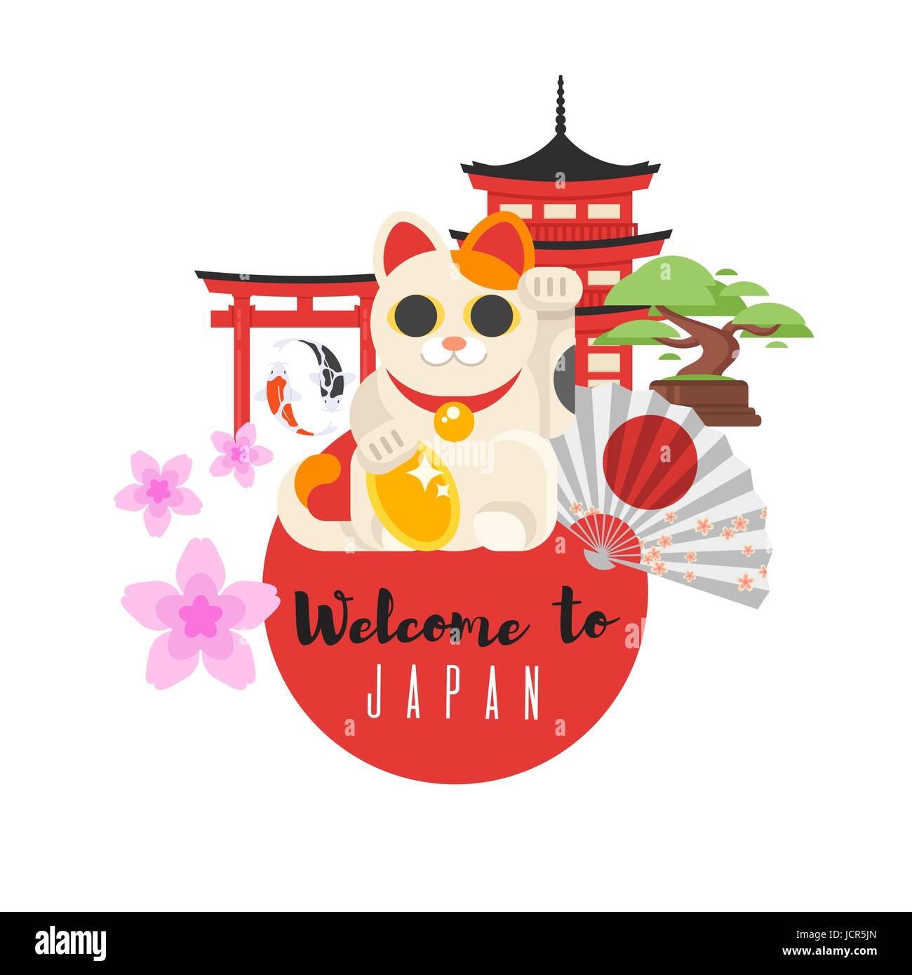 Vector flat style set of Japanese traditional objects. Icon for web. Isolated on white background. Stock Vector