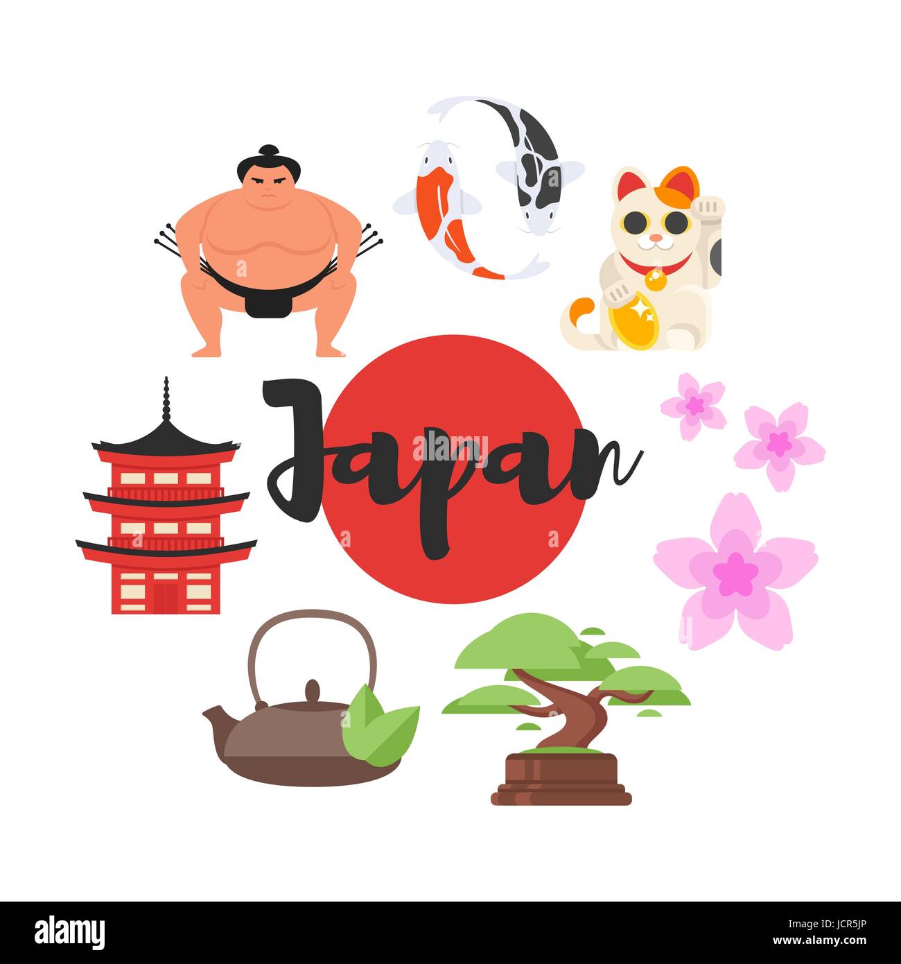 Vector flat style set of Japanese traditional objects. Icon for web. Isolated on white background. Stock Vector