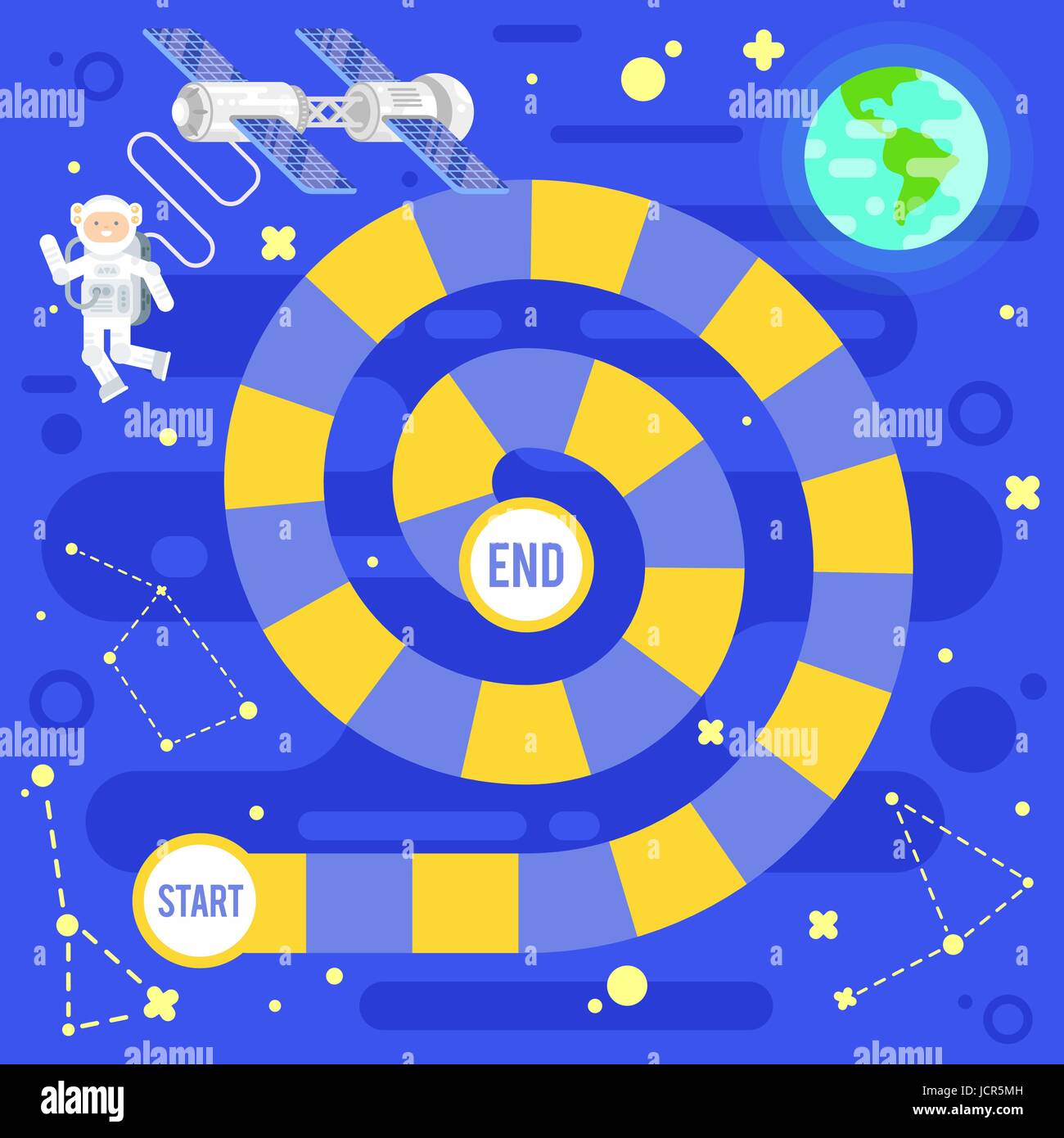 Vector flat style illustration of kids science and space board game. Template for print. Stock Vector