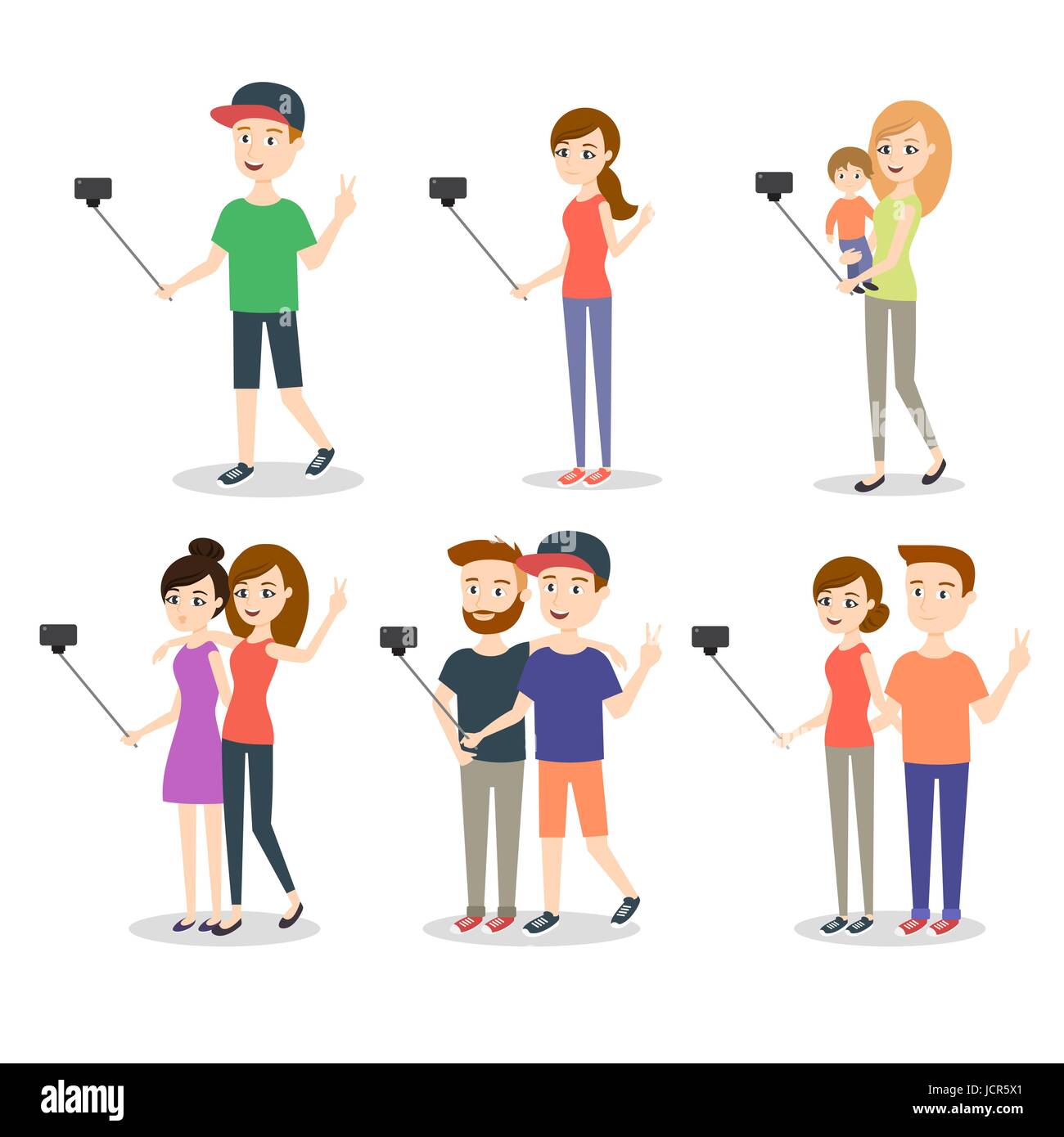 Vector illustration of people making selfie. Couples and friends, woman with kid, man, teenagers, gay. Concept of modern life. Stock Vector