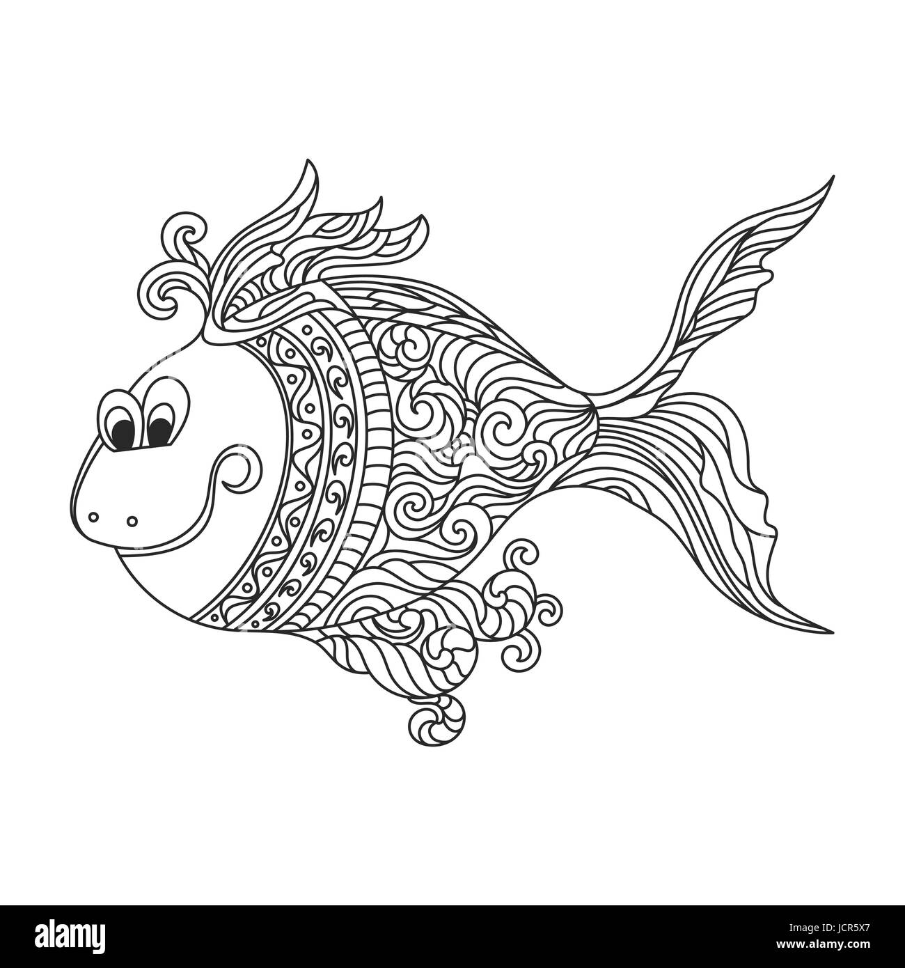 Vector monochrome hand drawn zentagle illustration of cute fish ...