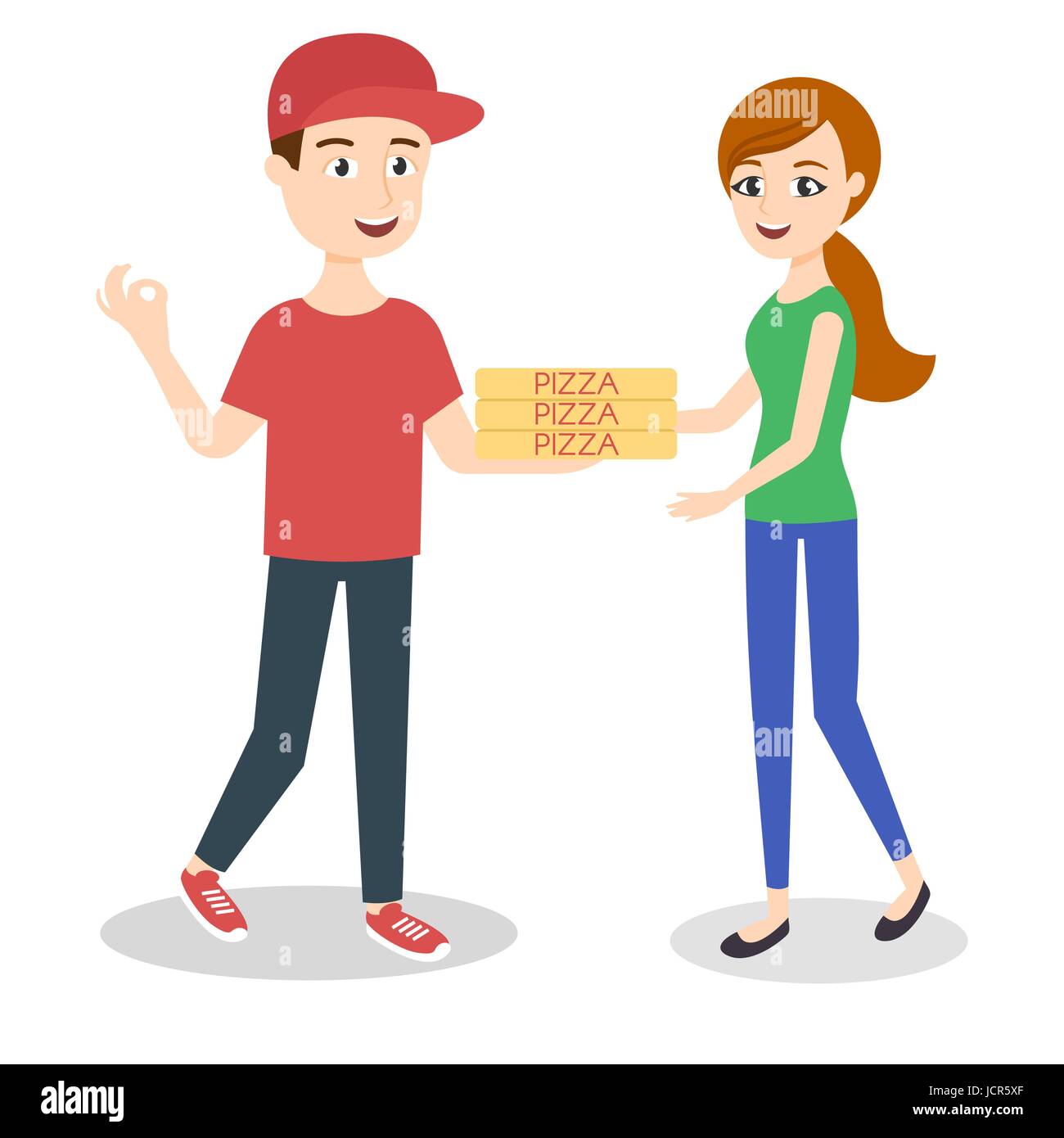 Vector illustration of pizza delivery boy handing three pizza boxes to a beautiful girl. Stock Vector