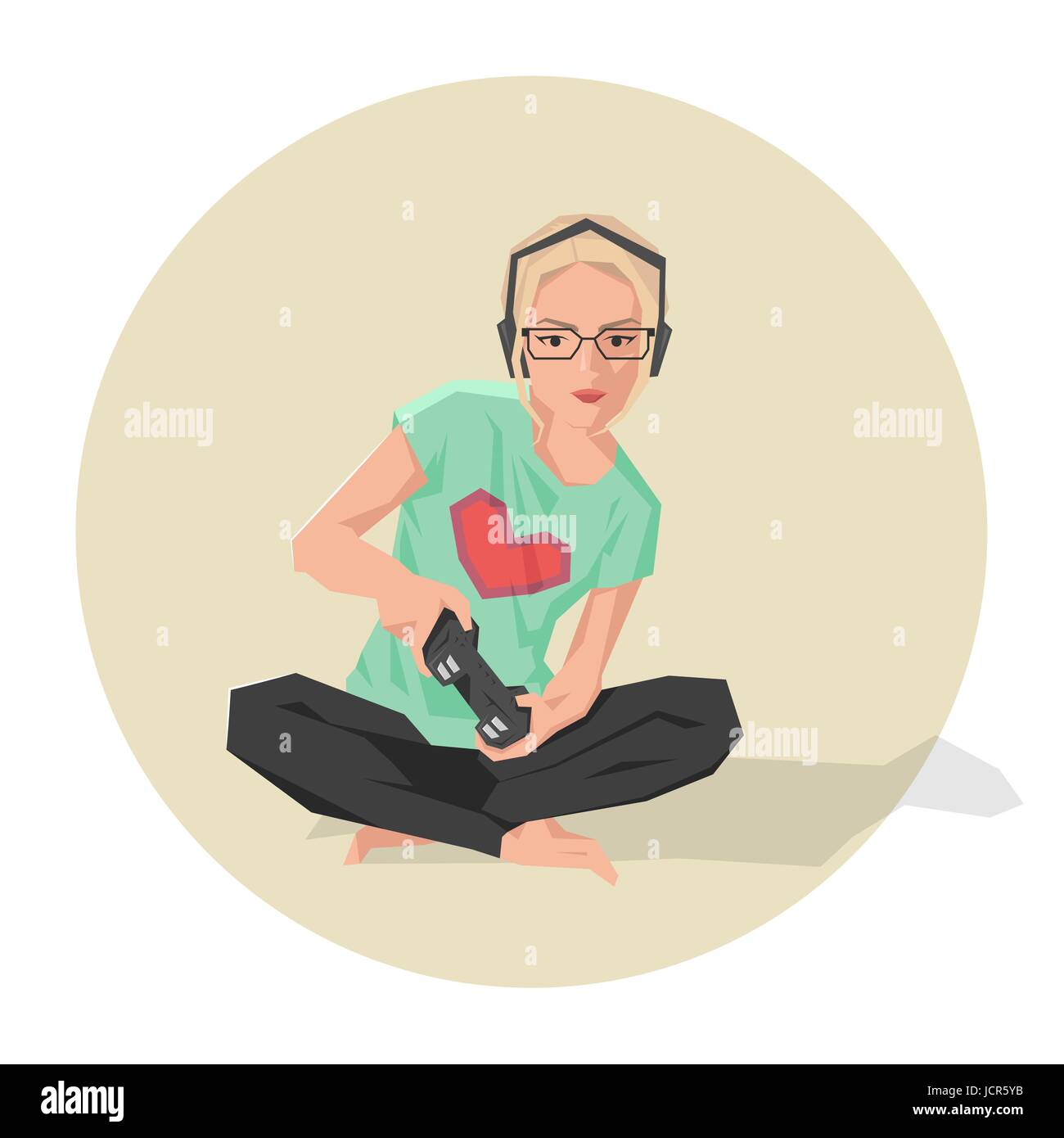 Vector illustration of a cute blond geek girl playing video games. Stock Vector