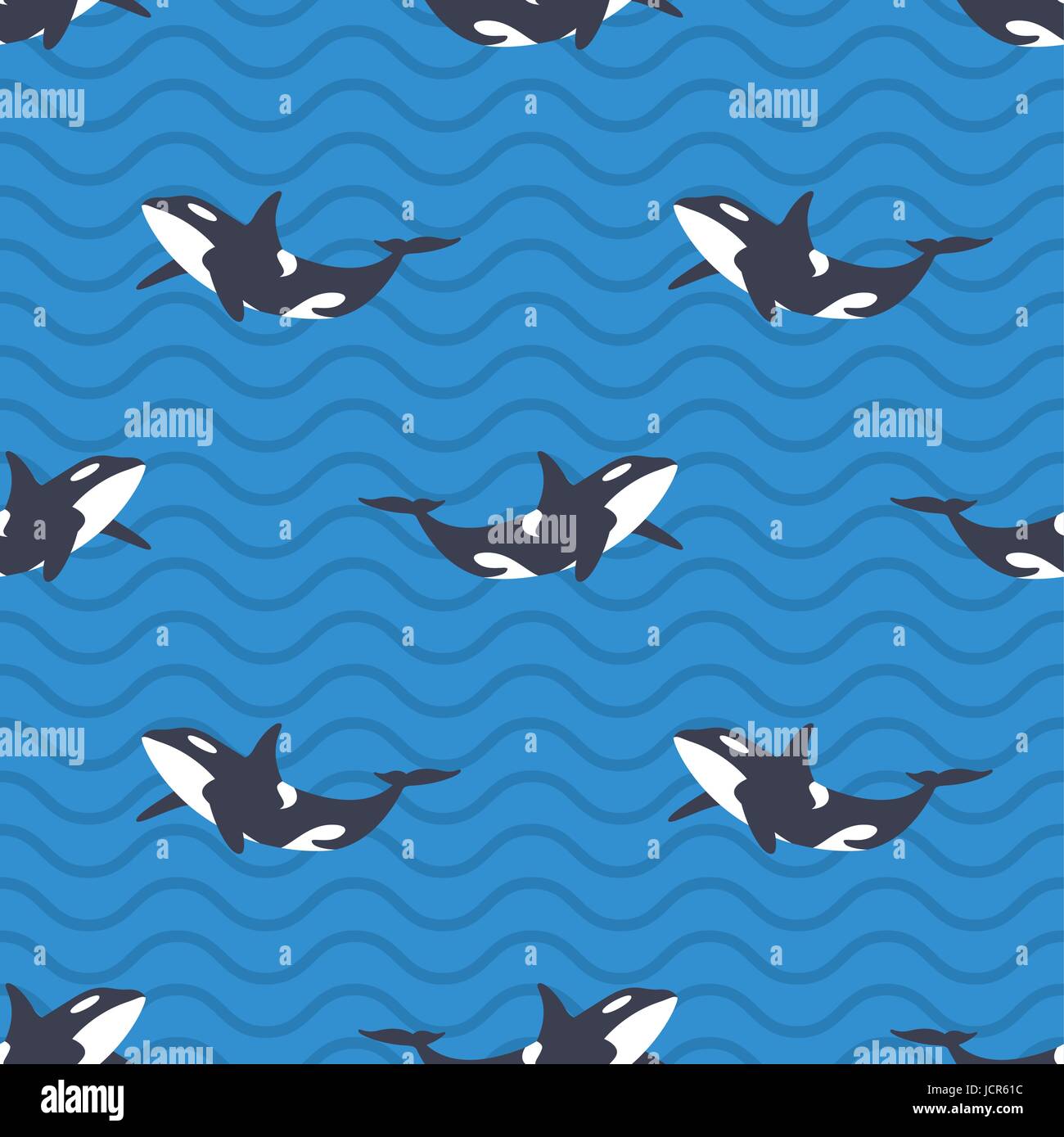 Vector seamless pattern with killer whales or orcas in the sea. Blue ...