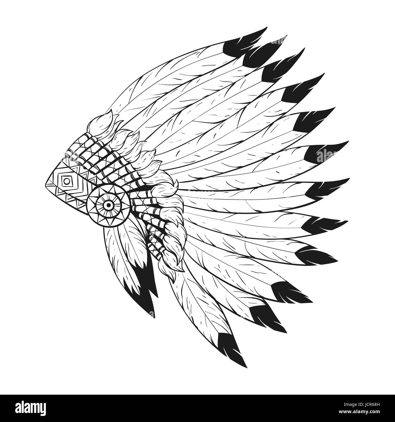 Vector monochrome illustration of native American war bonnet. Design for T-shirt or poster. Stock Vector