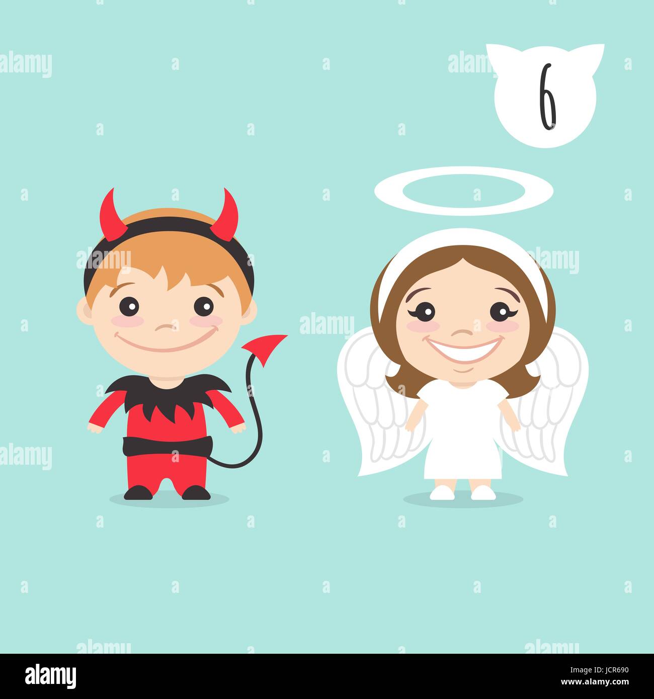 Vector illustration of two happy cute kids characters. Boy in imp or little devil costume and a girl in angel costume. Stock Vector
